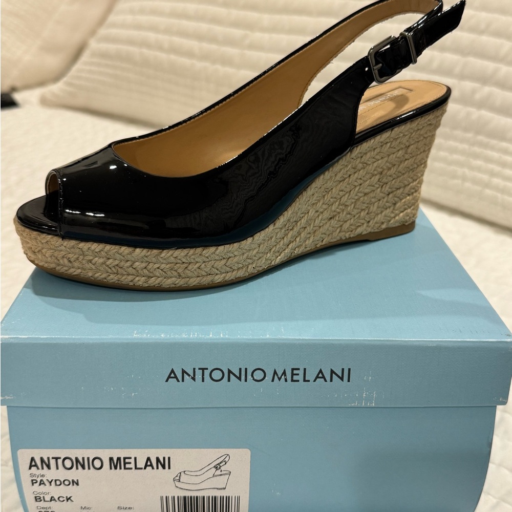 ANTONIO MELANI Black Patent Wedge Sandals